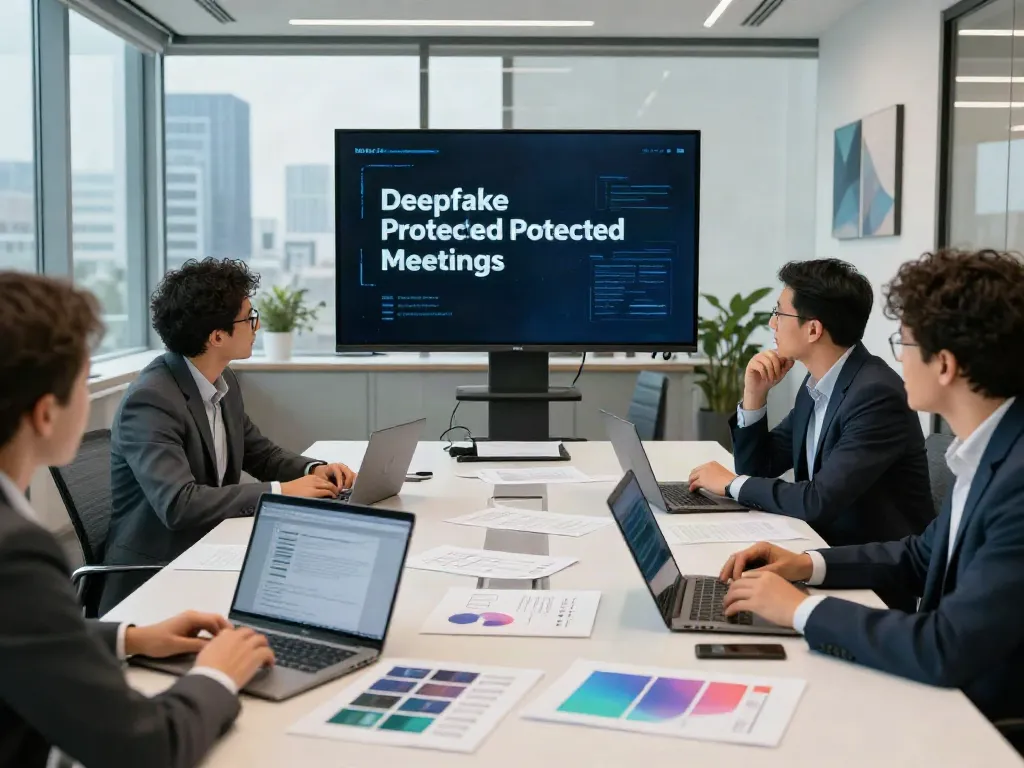 Deepfake protected meetings in a professional environment with diverse team collaboration.