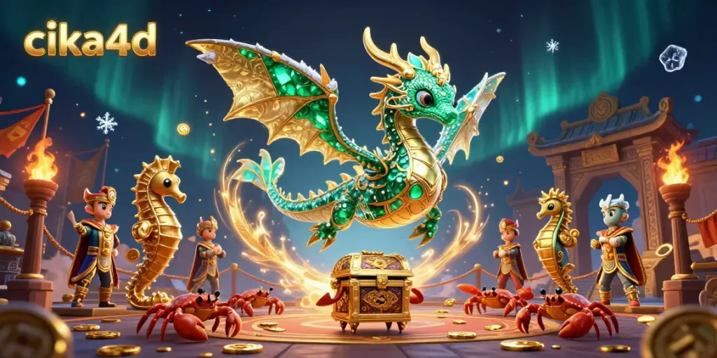 Experience thrilling gameplay with cika4d’s vibrant treasure dragon scene showcasing gold and emerald details.