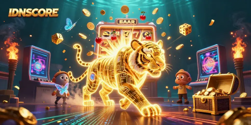Experience IDNSCORE's casino magic with a glowing tiger and a jackpot explosion of coins