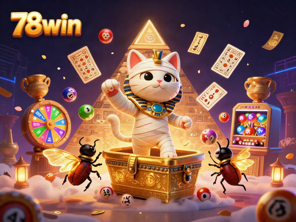 Experience thrilling wins at 78win with a dynamic casino scene featuring animated mummy cat and engaging game elements.