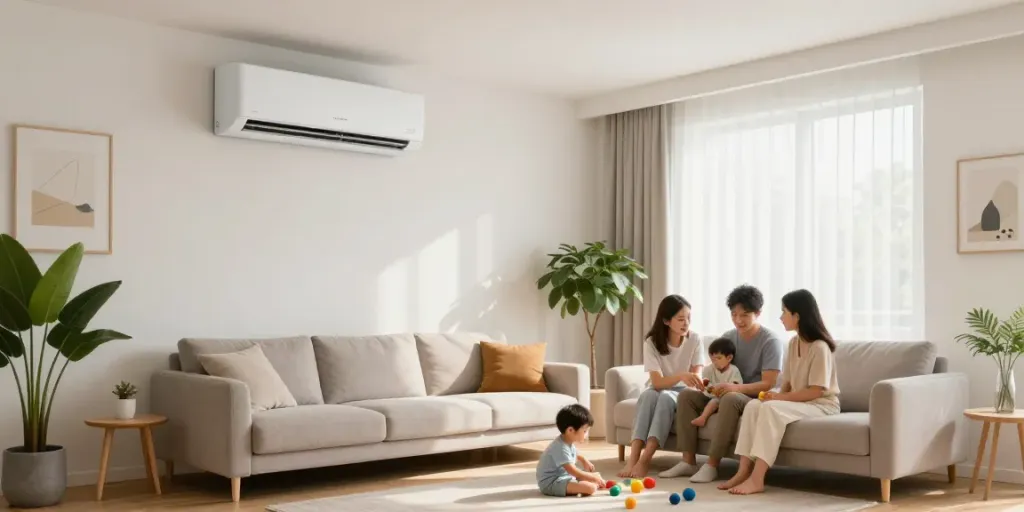 Family relaxing in a living room with a mini split ac unit providing cool comfort.
