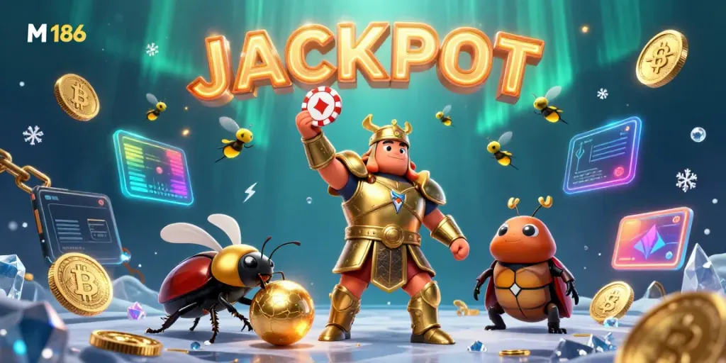 Join the M186 victory in a vibrant, triumphant casino scene filled with crypto elements.
