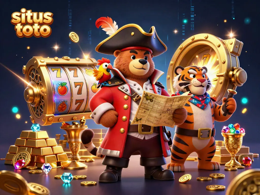 Join the adventure at situs toto with a pirate bear and tiger exploring a treasure-filled casino.