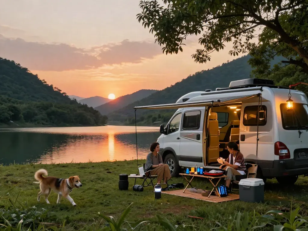 Lithium batteries for RV in a scenic camper van setup on a lakeside during sunset, showcasing an outdoor adventure.