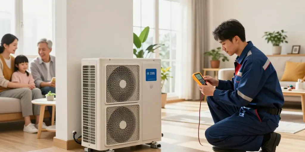 Heat Pumps & Gas Heater Replacement technician inspecting a modern heat pump in a cozy living room.