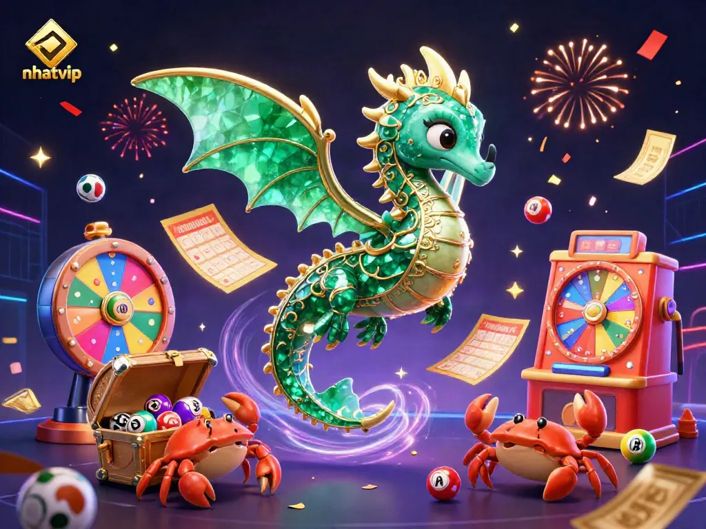 Experience the vibrant world of nhatvip with dynamic lottery elements and celebrating treasures.