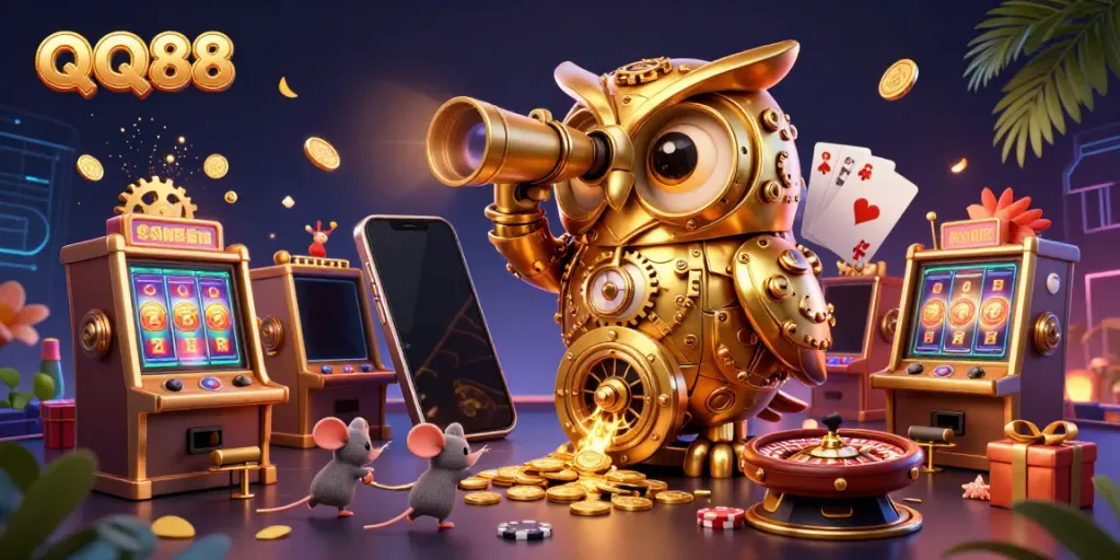 Experience QQ88's vibrant casino world with a massive clockwork owl and engaging slot game action.