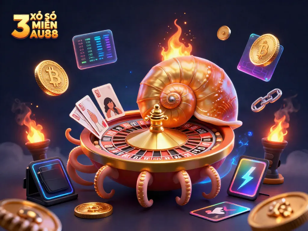 Engage with XỔ SỐ 3 MIỀN AU88 in a dynamic 3D illustration of a giant nautilus as a roulette wheel, showcasing vibrant gambling elements.