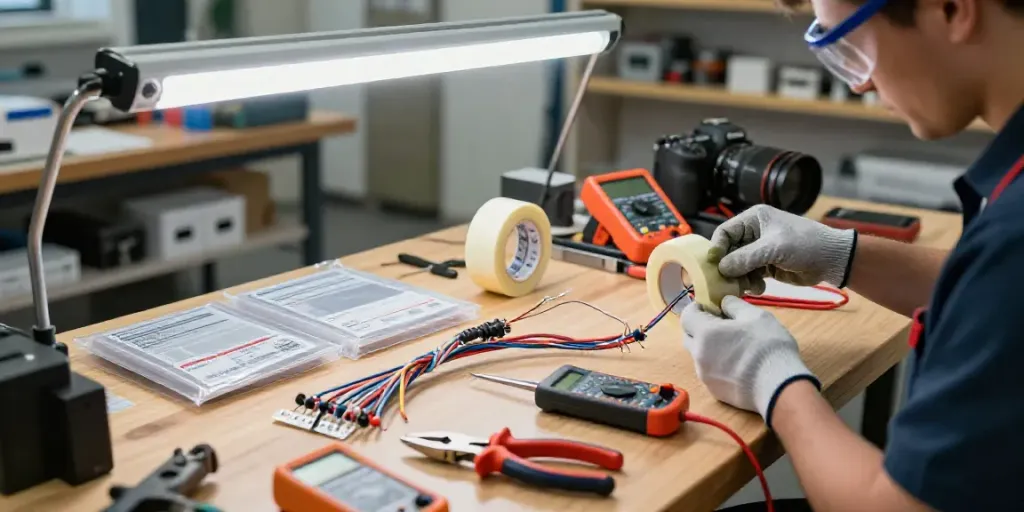 Technician utilizing Link Super33 electrical tape on wiring in a workshop.