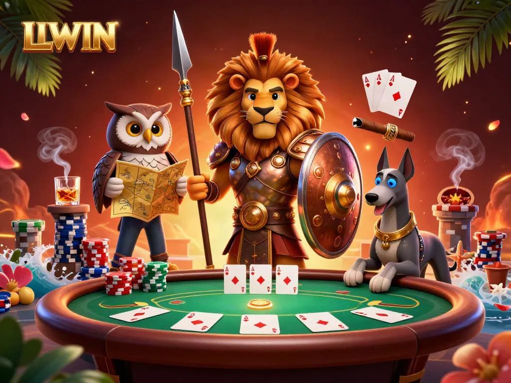 Engage with LLWIN’s thrilling casino atmosphere, featuring a Spartan lion, tactical owl, and swift greyhound amid poker elements.
