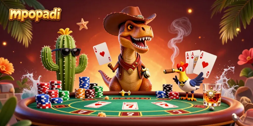 Join the excitement of mpopadi with a 3D dinosaur character at a lively poker table surrounded by vibrant game elements.