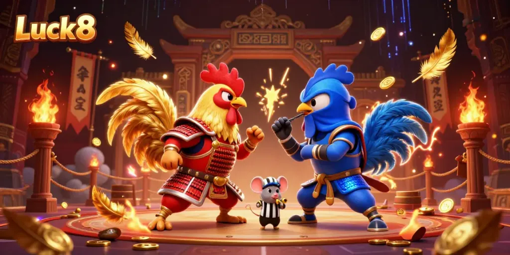 Luck8 features twin battling roosters in a vibrant online casino atmosphere filled with energy and excitement.
