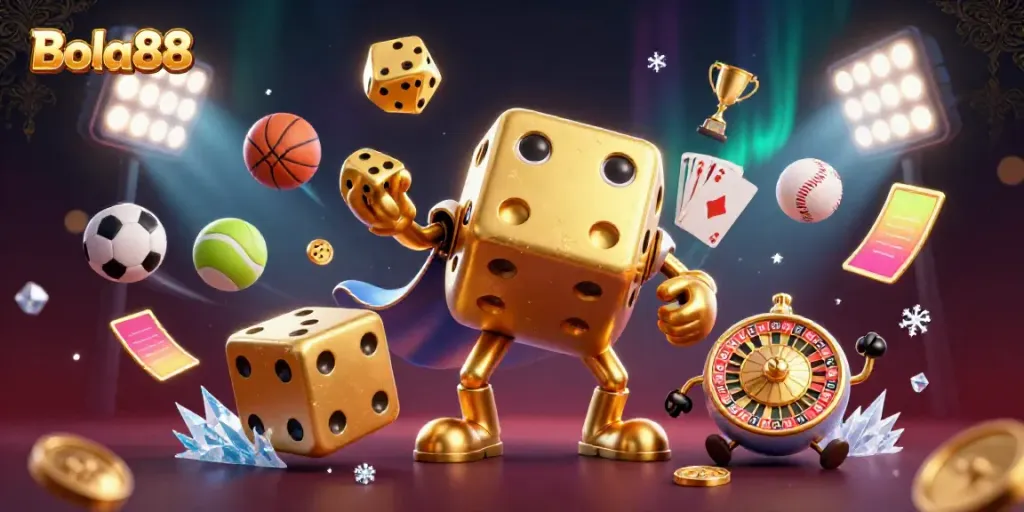 Experience vibrant gaming action with Bola88 in a dynamic 3D scene featuring golden dice and sports elements.