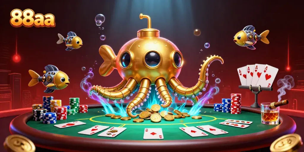 Experience excitement at 88aa with the captivating kraken submarine surfaced in gold coins amidst poker table elements.