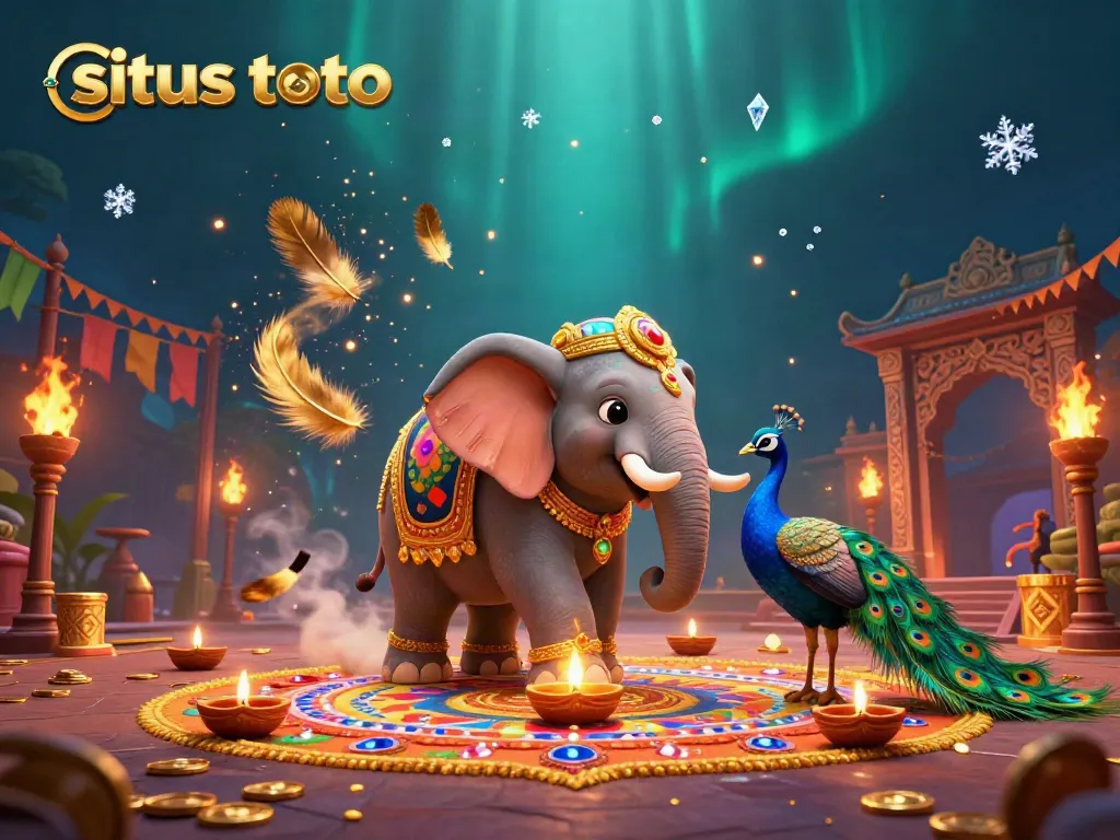 Experience the excitement of situs toto with this vibrant 3D illustration featuring a Diwali-themed elephant and peacock amidst thrilling casino elements.