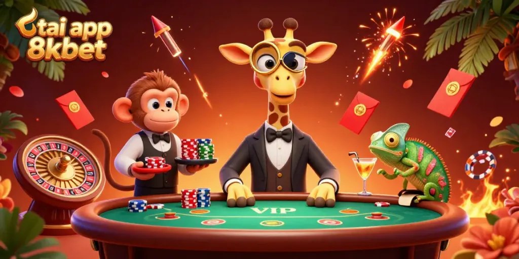 Engage with the vibrant 3D scene promoting tai app 8xbet featuring a high-roller giraffe and lively casino elements.