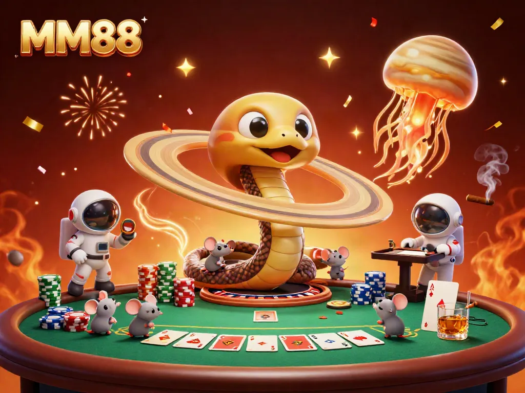 Experience the thrilling universe of MM88 with a cosmic casino scene featuring unique characters and elements.
