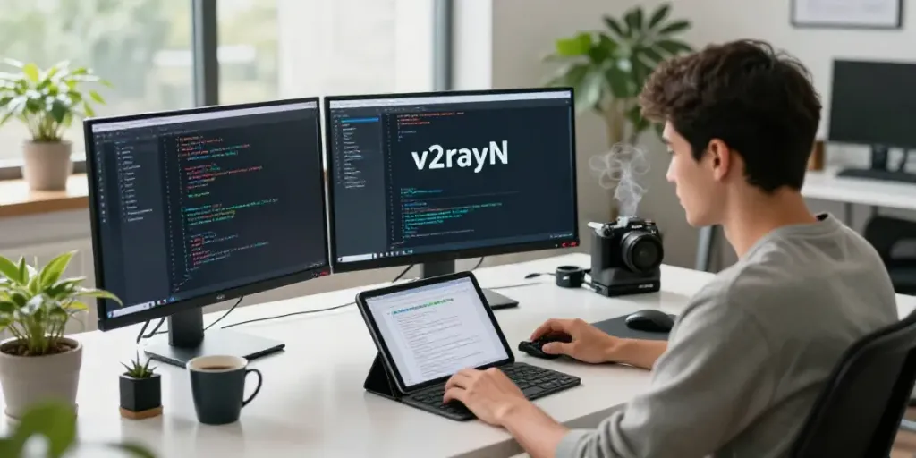 Developer working on v2rayN project in a modern tech workspace.
